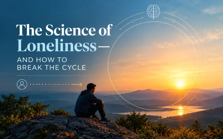The science of loneliness illustration showing a man sitting alone on a rocky hillside at sunset, symbolizing social isolation and emotional well-being.