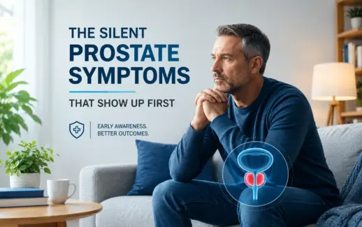 Middle-aged man sitting thoughtfully on a sofa with a prostate health illustration, highlighting early prostate symptoms and the importance of awareness.