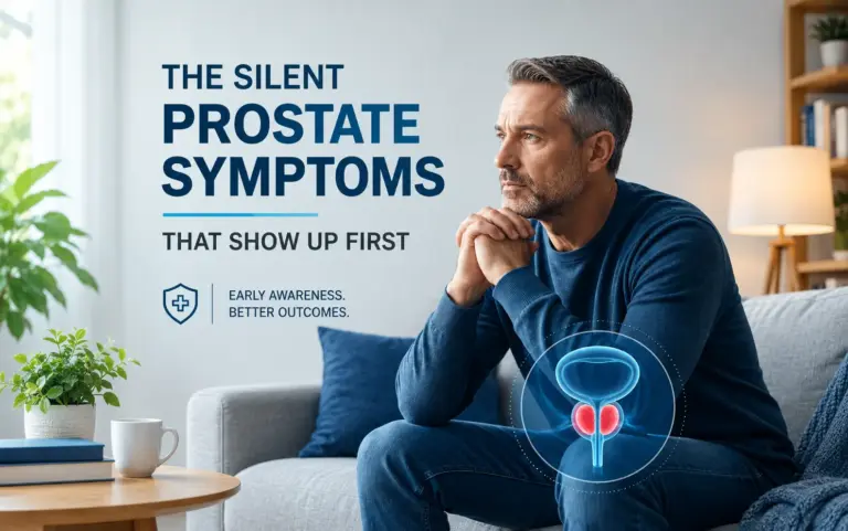 Middle-aged man sitting thoughtfully on a sofa with a prostate health illustration, highlighting early prostate symptoms and the importance of awareness.