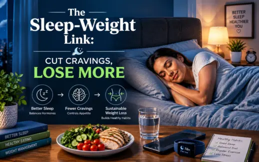 The sleep-weight link, showing a woman sleeping peacefully, healthy food, and benefits such as fewer cravings, appetite control, balanced hormones, and sustainable weight management.