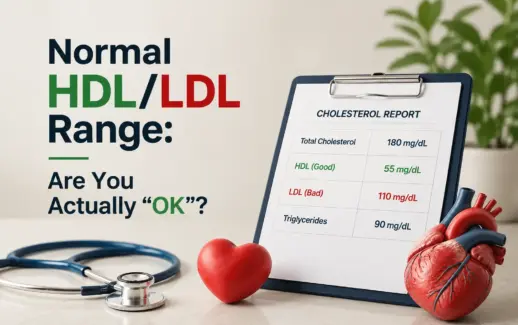 Cholesterol report showing total cholesterol, HDL, LDL, and triglyceride levels alongside a stethoscope and heart models, illustrating healthy cholesterol ranges and heart health.