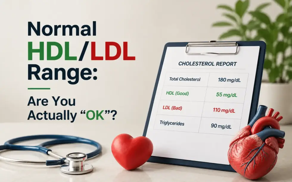 Cholesterol report showing total cholesterol, HDL, LDL, and triglyceride levels alongside a stethoscope and heart models, illustrating healthy cholesterol ranges and heart health.