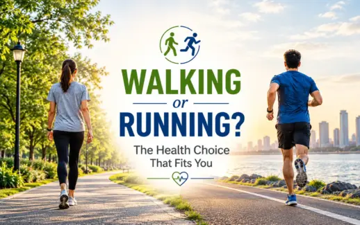 Walking or running for better health, featuring a woman walking on a tree-lined park path and a man running along a scenic waterfront, with a heart health icon.