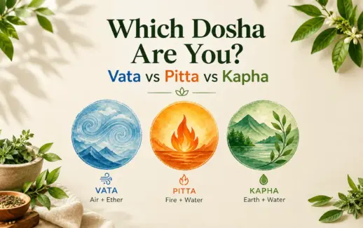 Which dosha are you? Ayurvedic Vata, Pitta, and Kapha types illustrated with air, fire, water, and nature elements.
