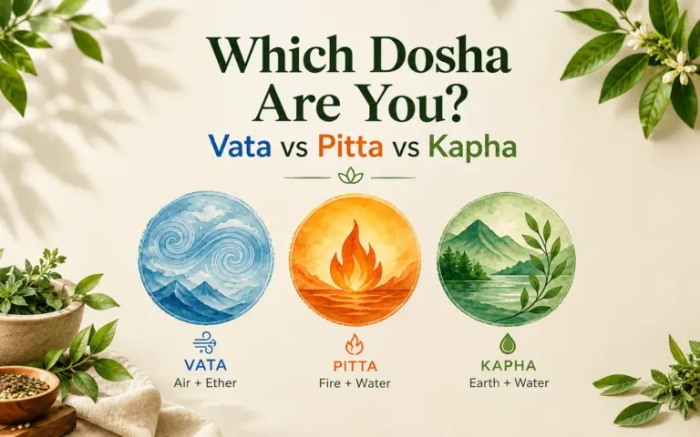 Which dosha are you? Ayurvedic Vata, Pitta, and Kapha types illustrated with air, fire, water, and nature elements.