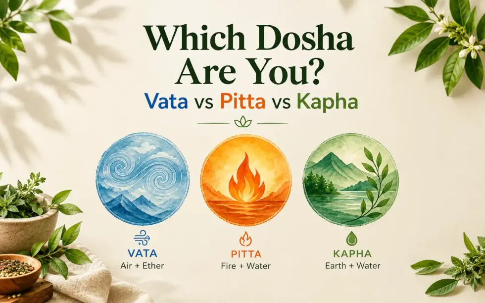 Which dosha are you? Ayurvedic Vata, Pitta, and Kapha types illustrated with air, fire, water, and nature elements.