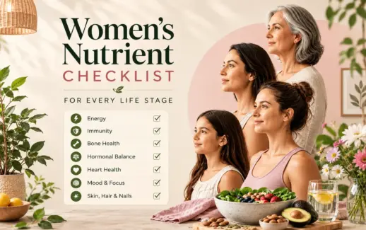 Women’s Nutrient Checklist for Women of different ages with a healthy bowl of nutrient-rich food, highlighting essential nutrients for energy, immunity, bone health, hormonal balance, heart health, mood, skin, hair, and nails.