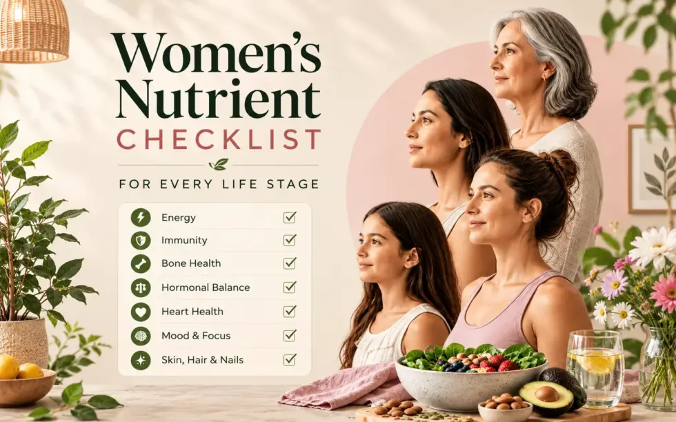 Women’s Nutrient Checklist for Women of different ages with a healthy bowl of nutrient-rich food, highlighting essential nutrients for energy, immunity, bone health, hormonal balance, heart health, mood, skin, hair, and nails.