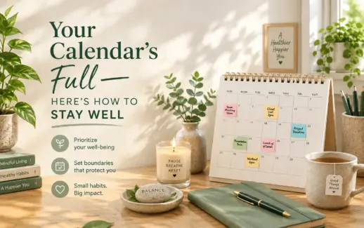 Wellness infographic featuring a desk calendar, journal, candle, and tea, with tips to prioritize for stay well, set healthy boundaries, and build small healthy habits.