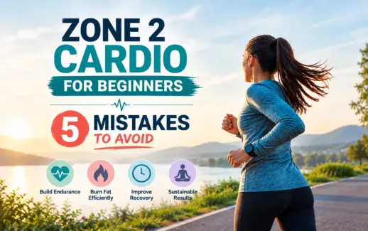 Fitness infographic featuring a woman jogging beside a lake at sunrise, with five common Zone 2 cardio mistakes to avoid and benefits including improved endurance, efficient fat burning, better recovery, and sustainable results.