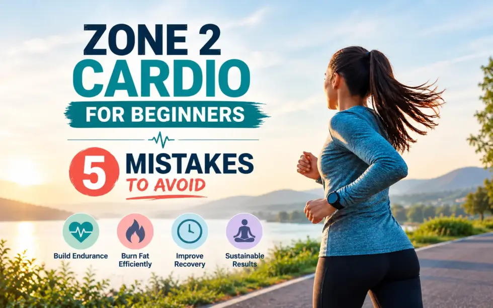 Fitness infographic featuring a woman jogging beside a lake at sunrise, with five common Zone 2 cardio mistakes to avoid and benefits including improved endurance, efficient fat burning, better recovery, and sustainable results.