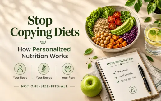 Personalized nutrition and balanced diet plan with a healthy salad bowl, fresh vegetables, green apple, and nutrition notebook.